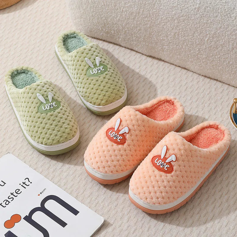 Women's apricot rabbit plaid design house slippers with thick sole and fur lining
