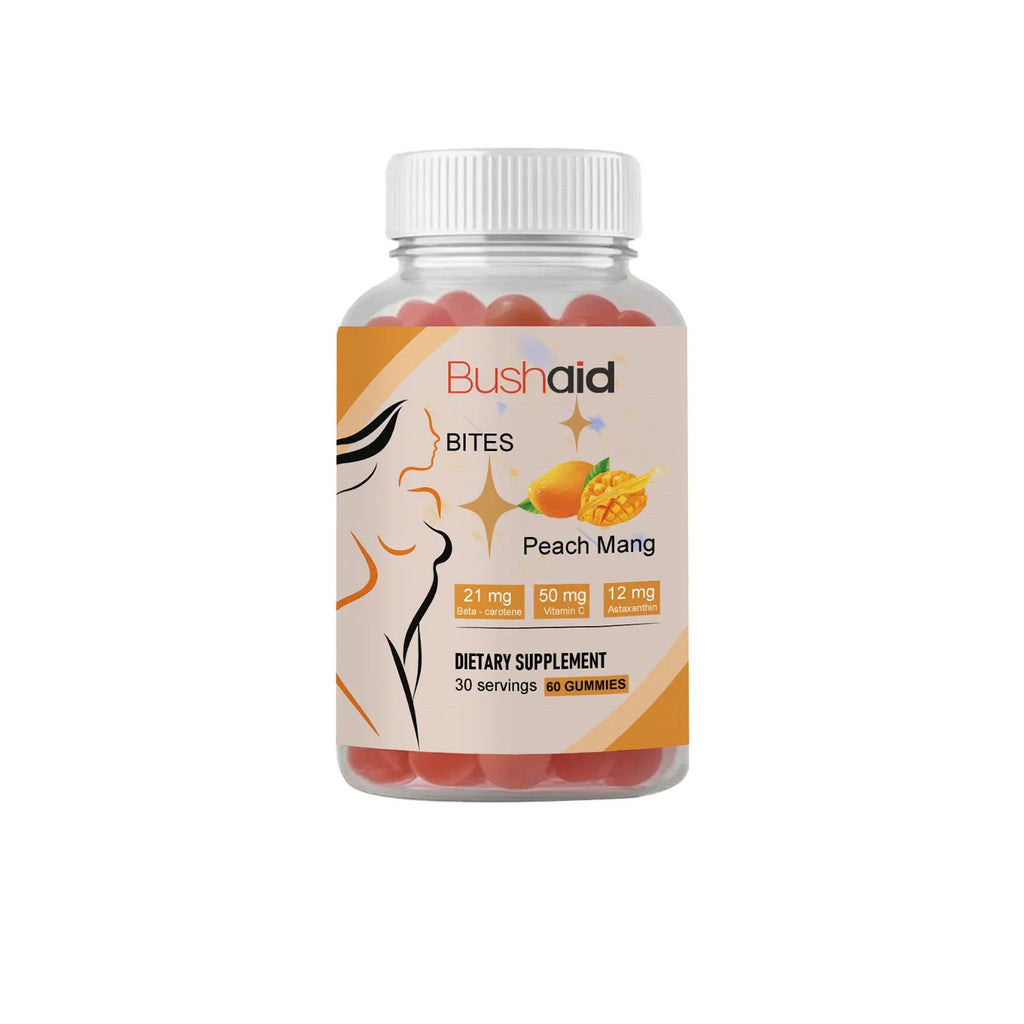 Jar of BUSHAID Tanning Gummy Candies, a 60-count dietary supplement containing Astaxanthin, Lycopene, Zinc and vitamins.