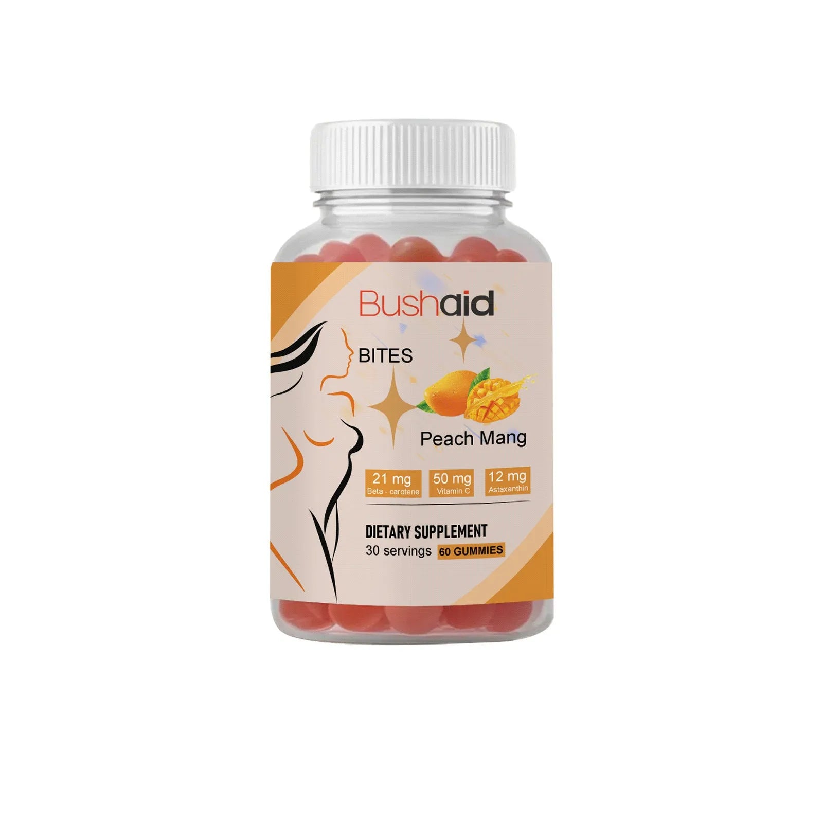Jar of BUSHAID Tanning Gummy Candies, a 60-count dietary supplement containing Astaxanthin, Lycopene, Zinc and vitamins.