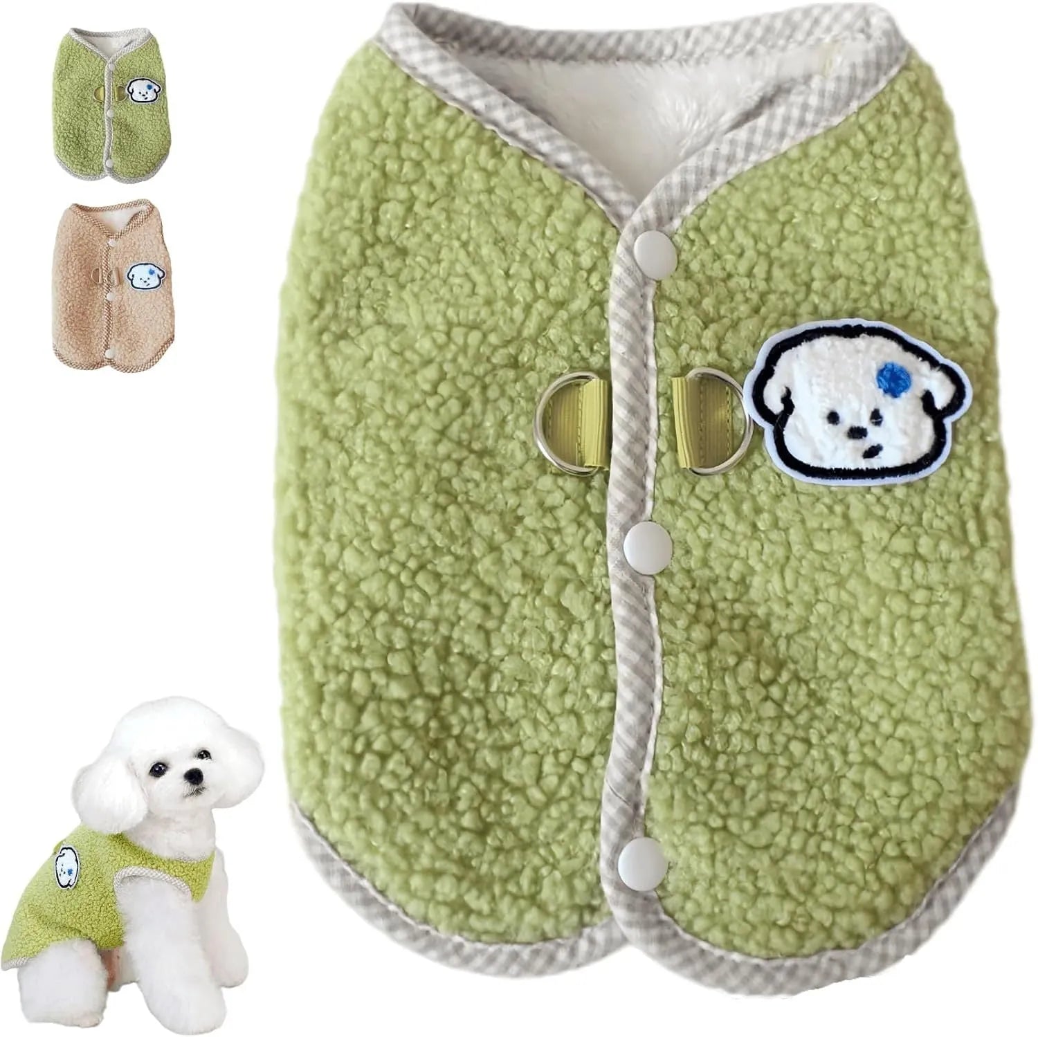 Green thickened coral fleece dog vest with a leash ring on a small dog.