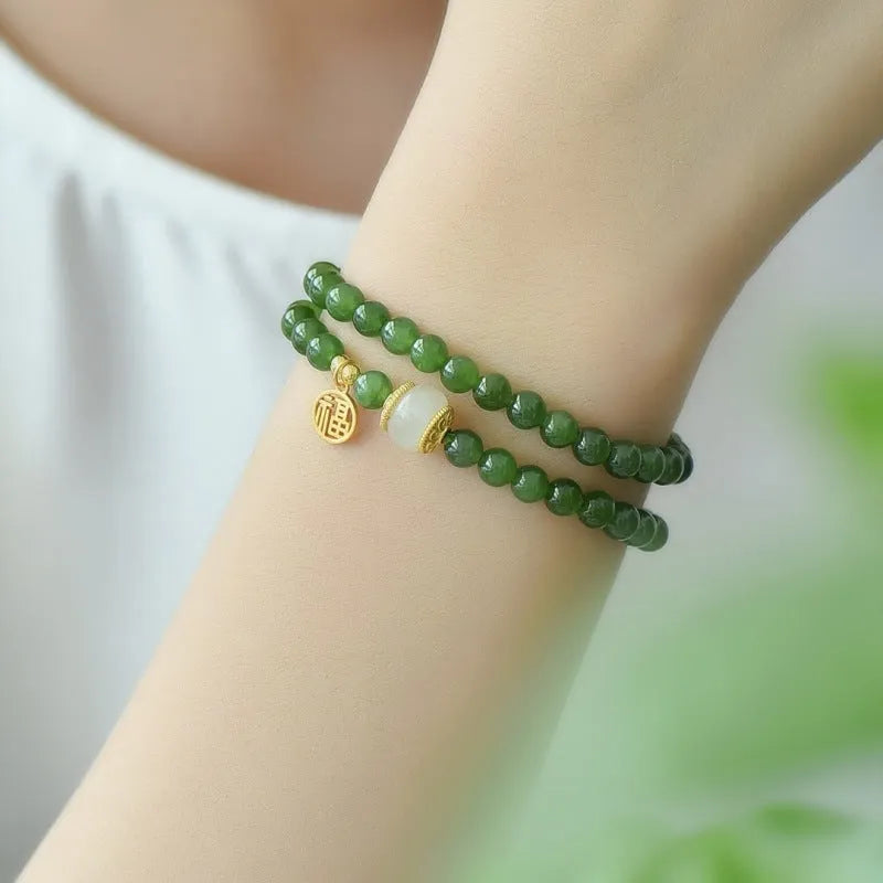 Natural Hetian jade double circle women's bracelet with geometric fu character design, 6mm diameter