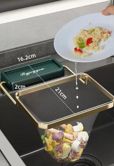 Green kitchen sink filter rack with suction cups and disposable screens