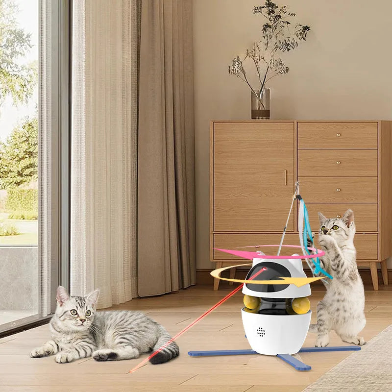 White automatic electronic cat toy with moving stick and elastic rope for indoor feline entertainment