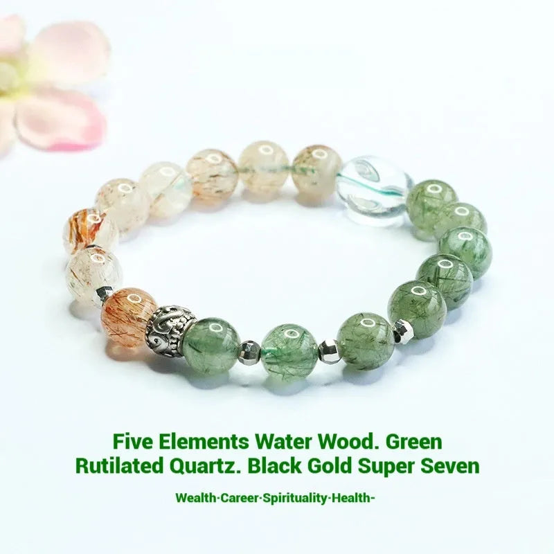 Green quartz rutilated and black gold Super Seven crystal bracelet Chinese style