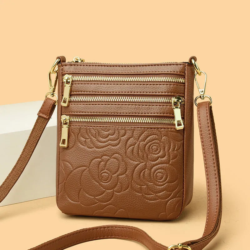 Five-layer mobile phone crossbody bag in beige with embossed PU leather and double shoulder strap