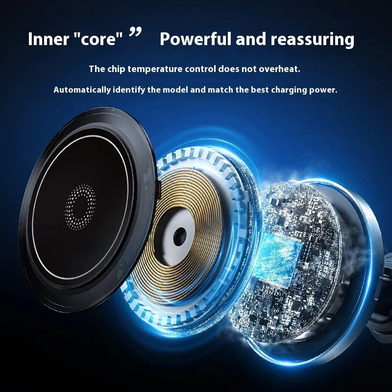 Black T58 magnetic car wireless charger with RGB ambient light on a vehicle dashboard