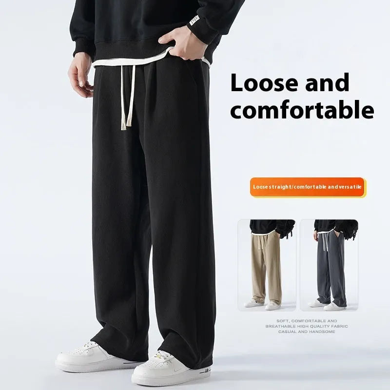 Men's double-sided polar fleece-lined winter sports trousers in Korean-style loose fit with drawstring waist