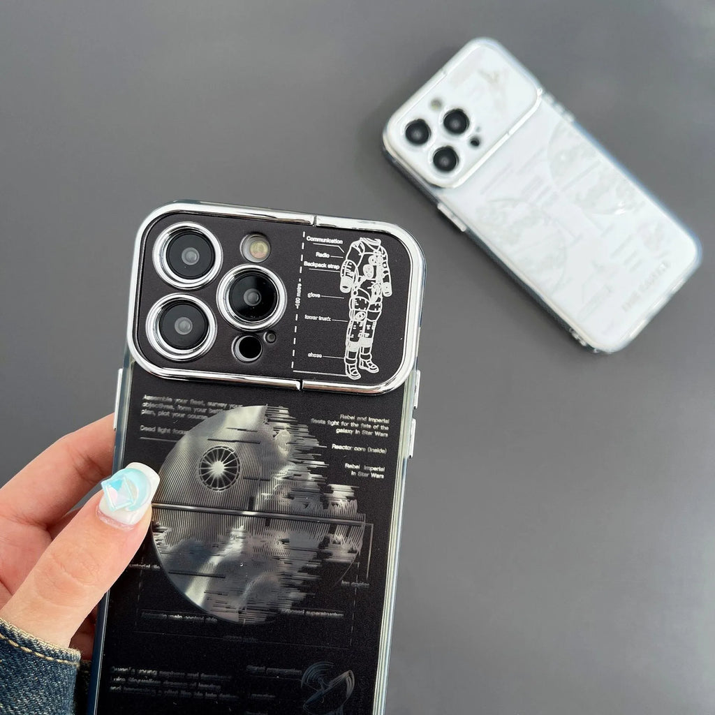 Pleated bracket TPU phone case with metal planet design for iPhone 14 Pro Max, back cover view