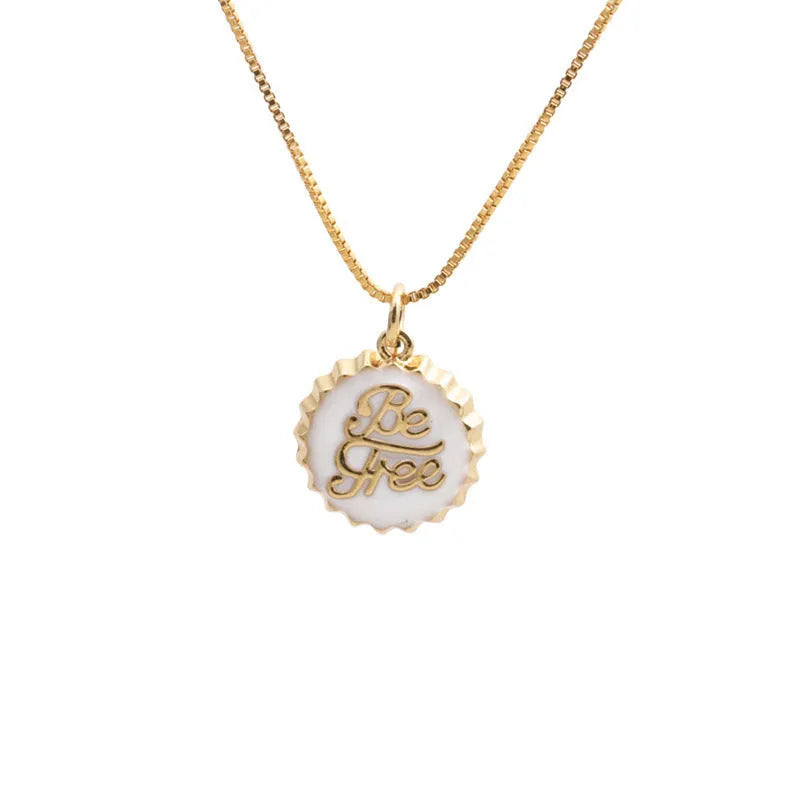 Copper Be Free bottle cap pendant necklace with a gold-plated finish on a 40cm box chain.