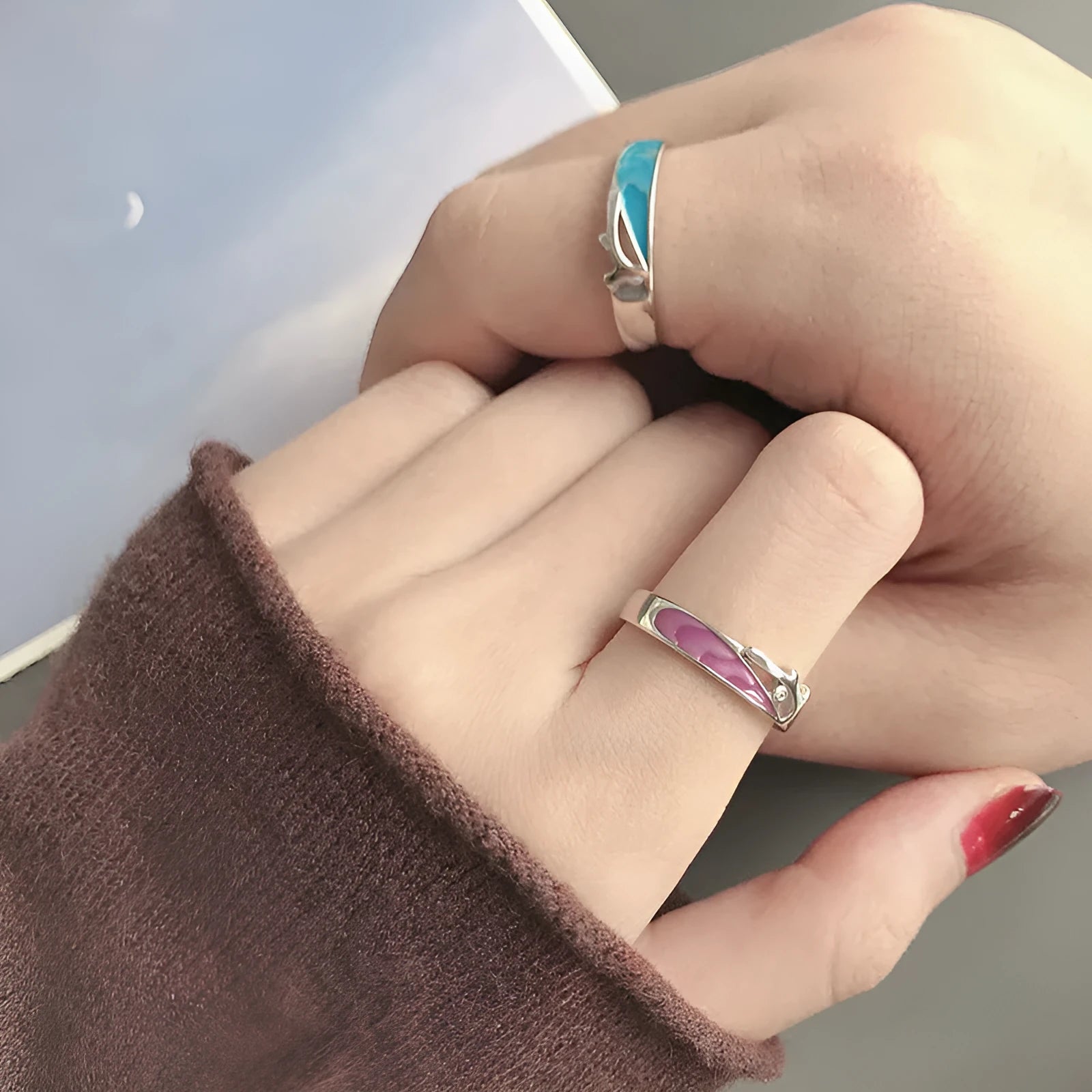 Student minimalist couple rings adjustable 925 silver epoxy finish geometry shape natural style
