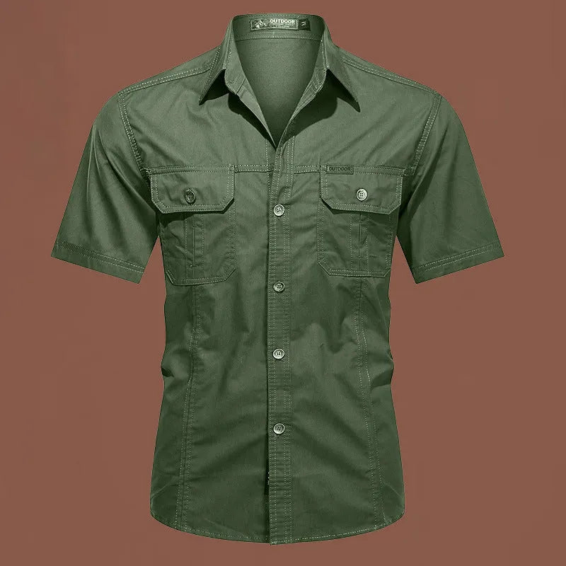 Men's army green cotton short sleeve work shirt with a loose cardigan fit on a hanger