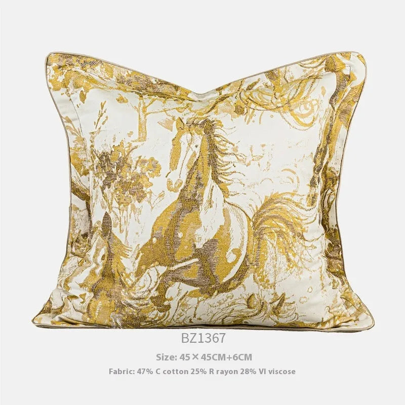 Abstract golden horse design decorative jacquard cushion on a grey sofa.