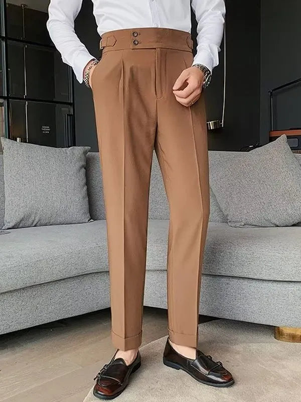 Women's retro high waist straight leg casual trousers in a cotton blend fabric, shown in a solid colour.