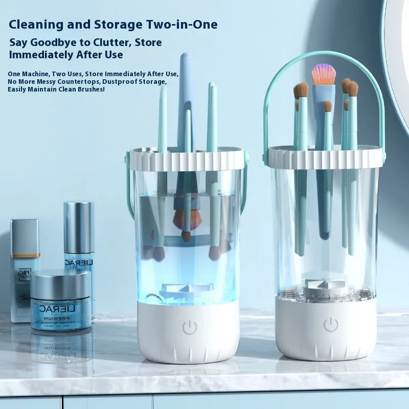 White rechargeable electric makeup brush cleaning device with USB cable.
