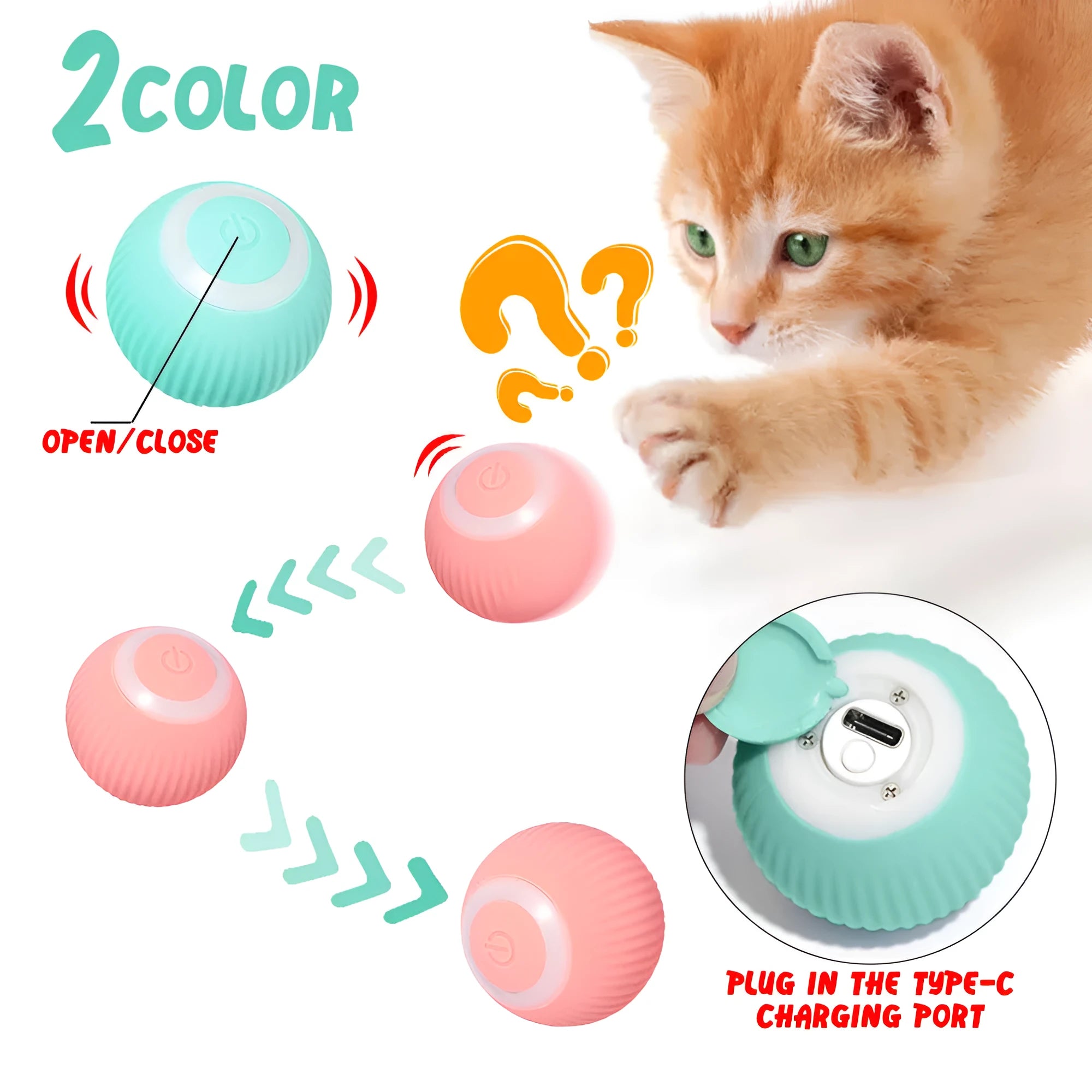 Green automatic rotating ball cat toy with 43mm diameter for claw control and intelligent obstacle avoidance
