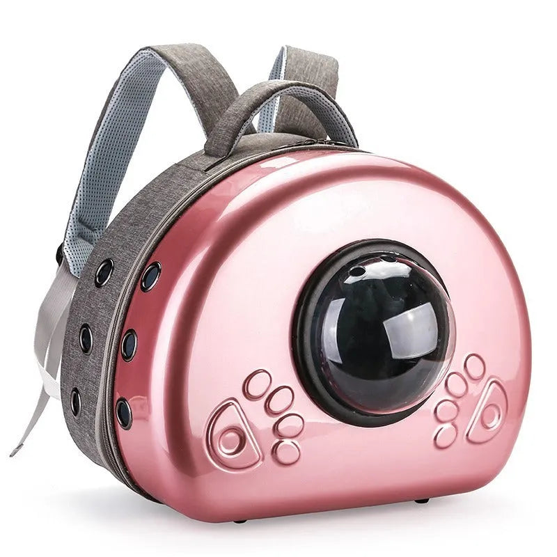Transparent space capsule pet carrier bag in PC canvas with metallic front shell cover options