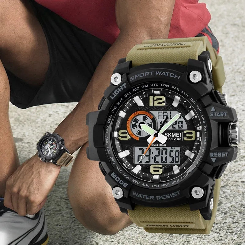 Sports waterproof electronic watch for men with black silicone strap and round dial