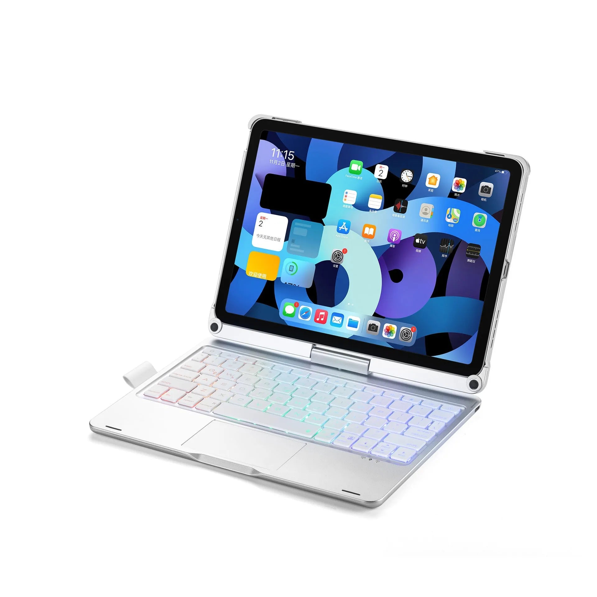360-degree rotating backlit Bluetooth keyboard for iPad in black, silver, or rose gold colours