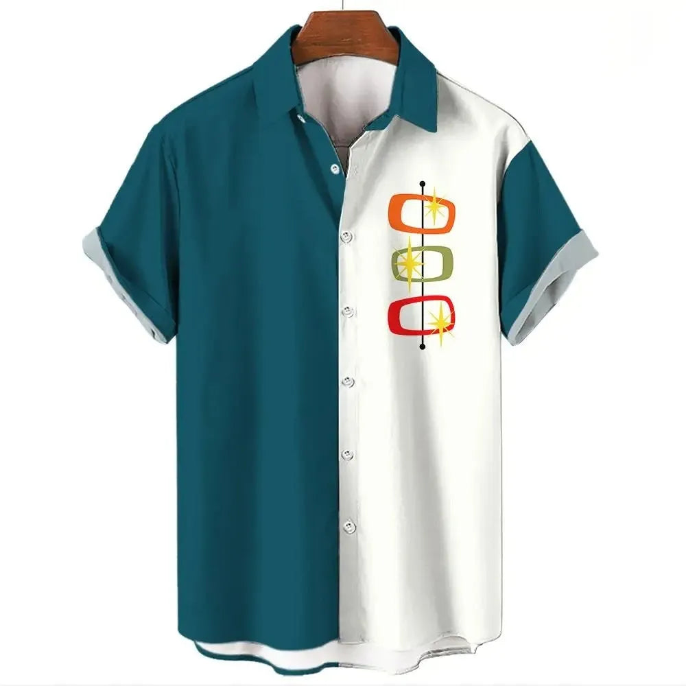Man wearing a stripe pattern short sleeve Hawaiian-style cardigan shirt in a solid colour.