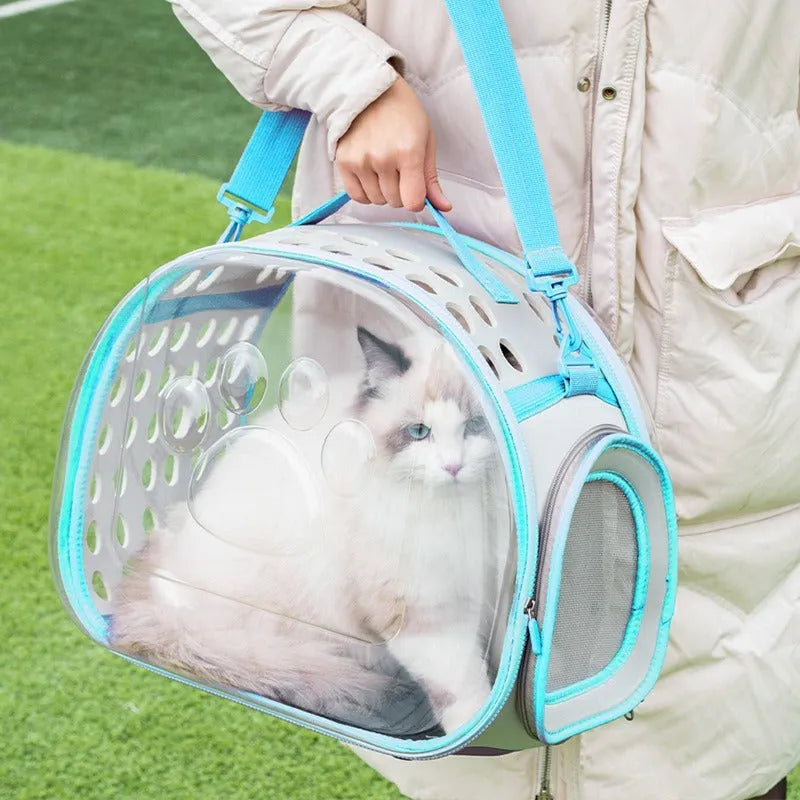 Transparent EVA cat carrier backpack in grass green colour showing hard-shell construction