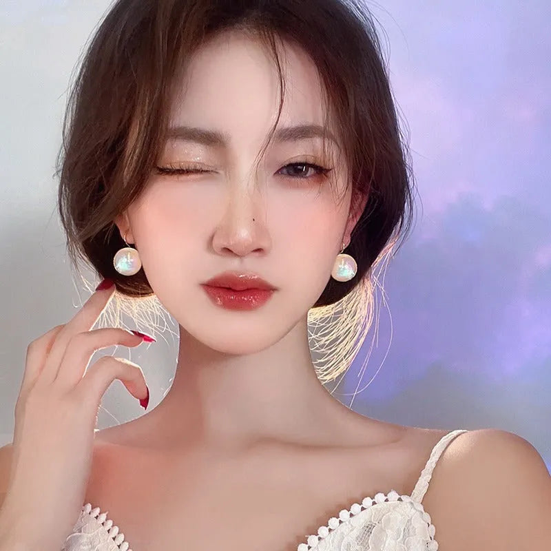 Colourful mermaid pearl geometric ear clip earrings with anti-lost design in Korean style
