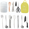 Portable storage bag containing a 12-piece stainless steel picnic cutlery set for outdoor use.