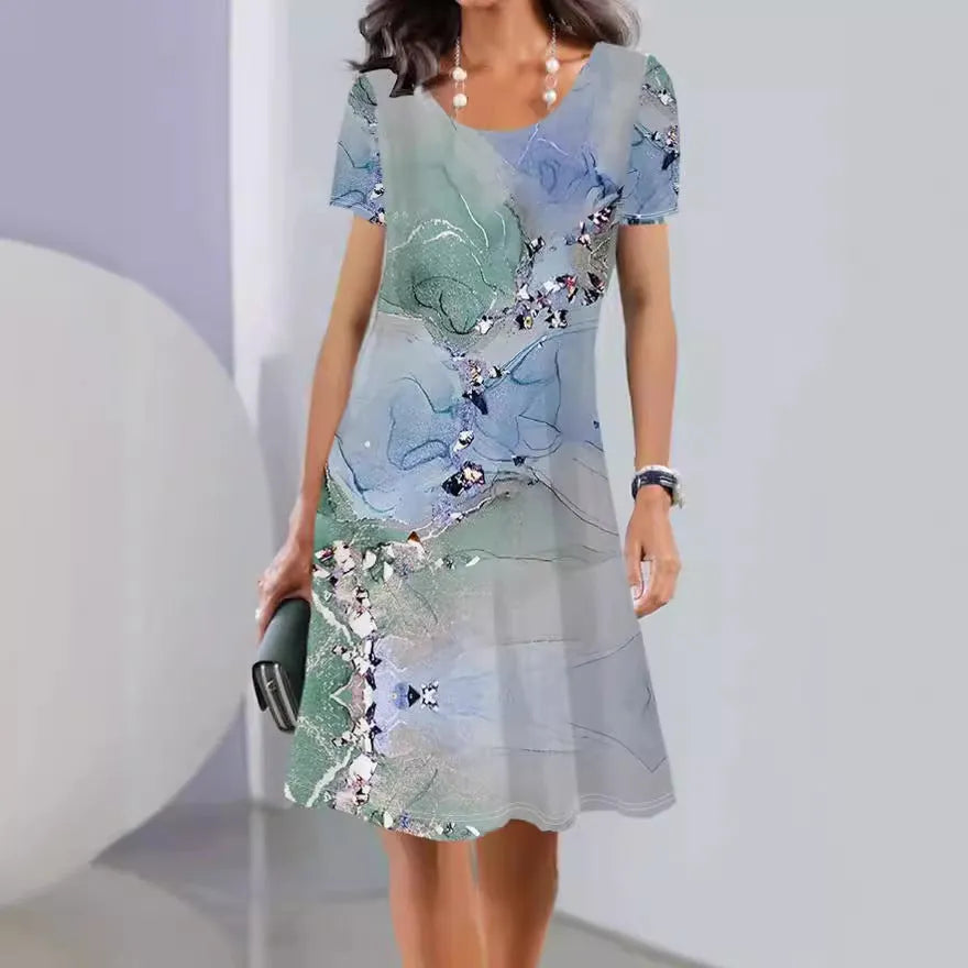 Women's short sleeve A-line midi dress with painted botanical print in a fresh and sweet style.