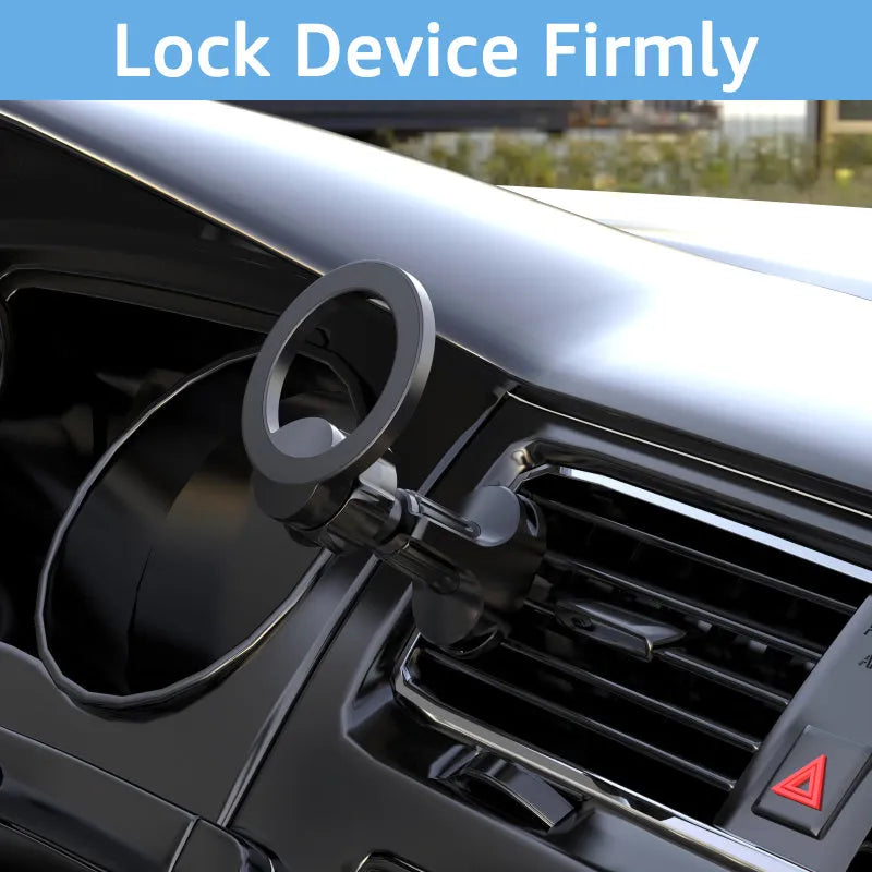 Black magnetic car phone holder with O-ring bracket for air outlet mounting
