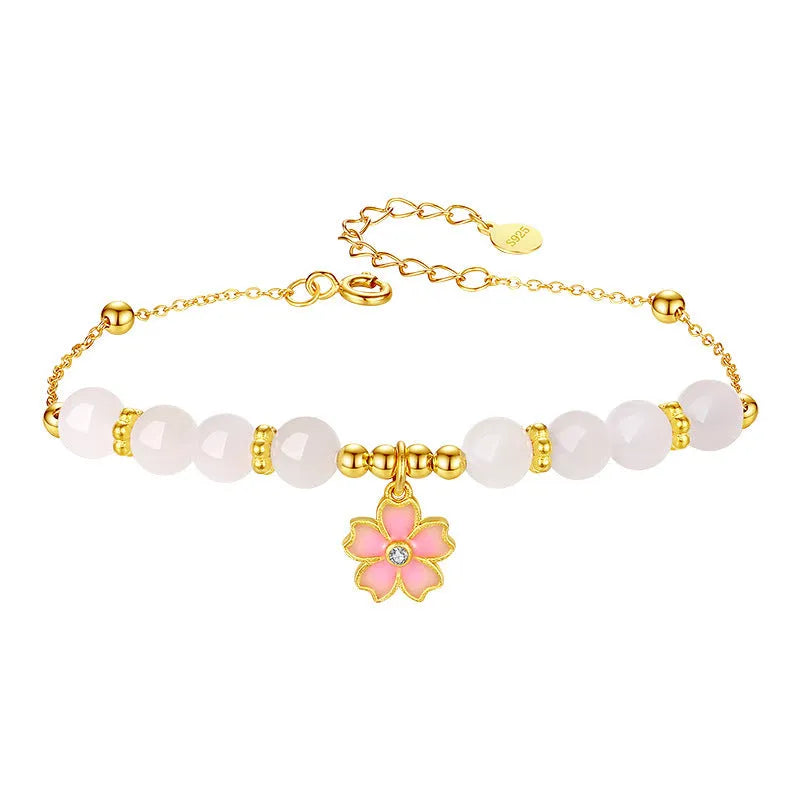 Women's pink bracelet with S925 silver cherry blossom pendant and Hetian jade beads