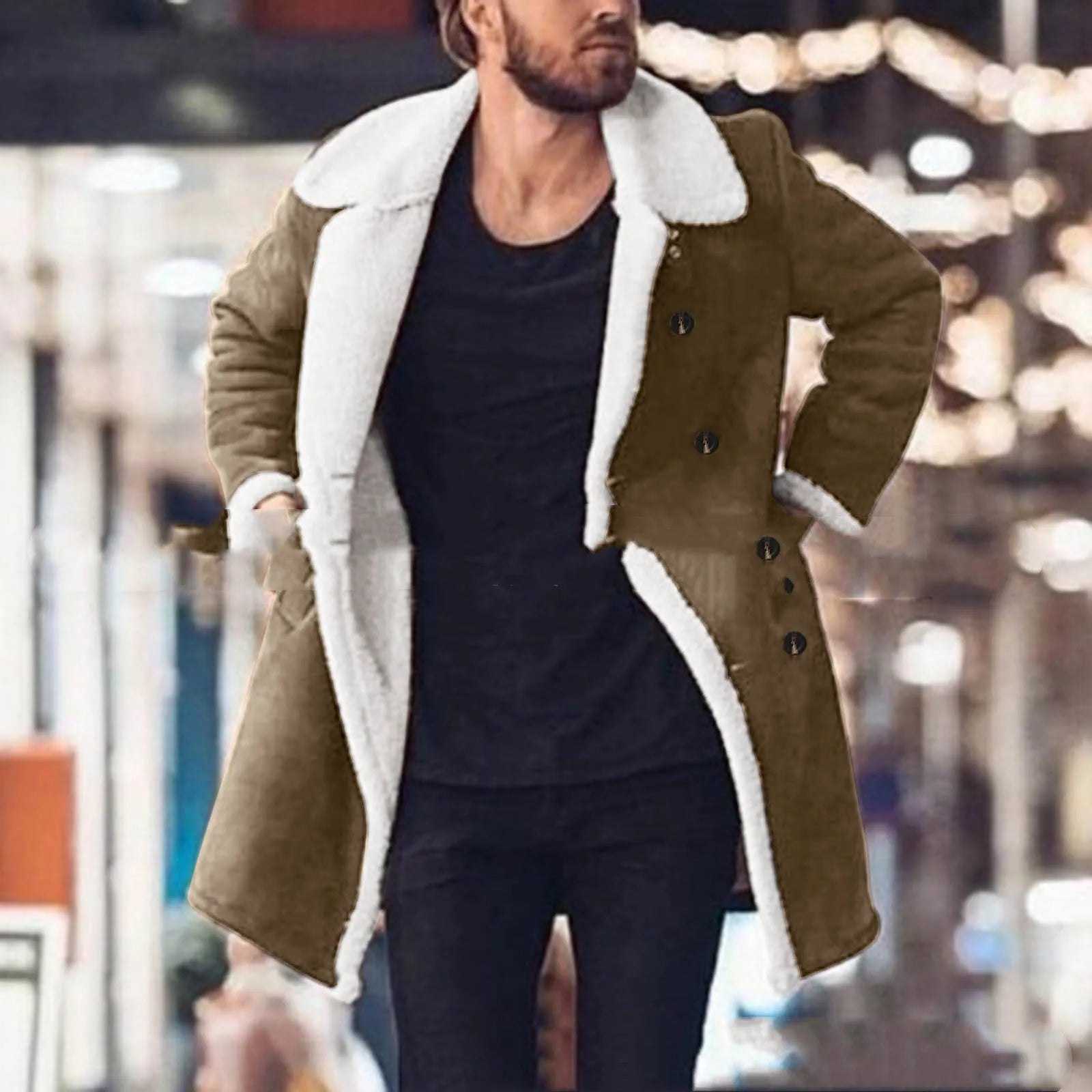 Men's polar fleece composite suede jacket with double-breasted lapel collar in khaki colour