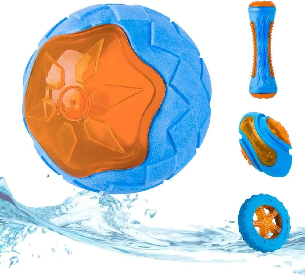 Set of three TPR dog toys: a spiky ball, a barbell, and a tyre, all floating in water.