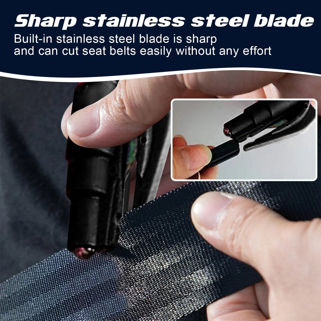 Compact car emergency safety hammer for breaking glass and cutting seatbelts measuring 3.5 by 7.5 centimetres