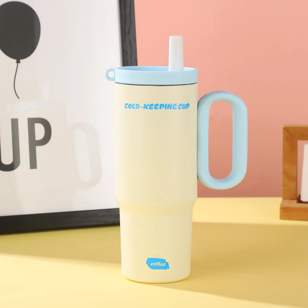 Portable insulated straw cup with handle in multiple colour options for hot and cold drinks