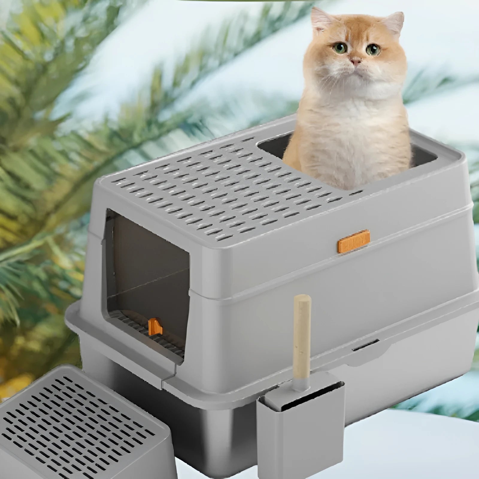 Grey ABS plastic enclosed cat toilet with pedal entry and stainless steel waste bin