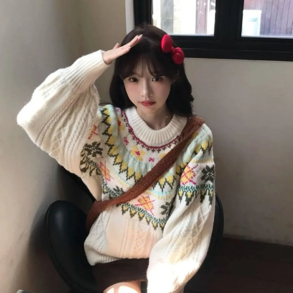 Women's milky white lantern sleeve loose Mori knitwear pullover sweater on hanger