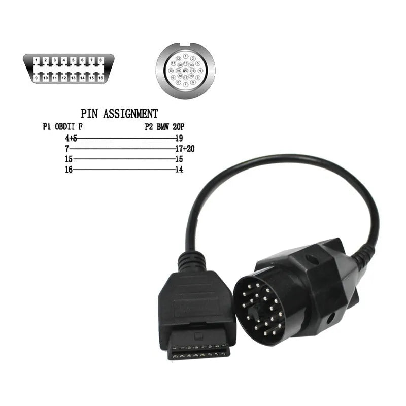 OBD2 adapter cable with BMW 20-pin round plug and standard 16-pin socket for car diagnostics