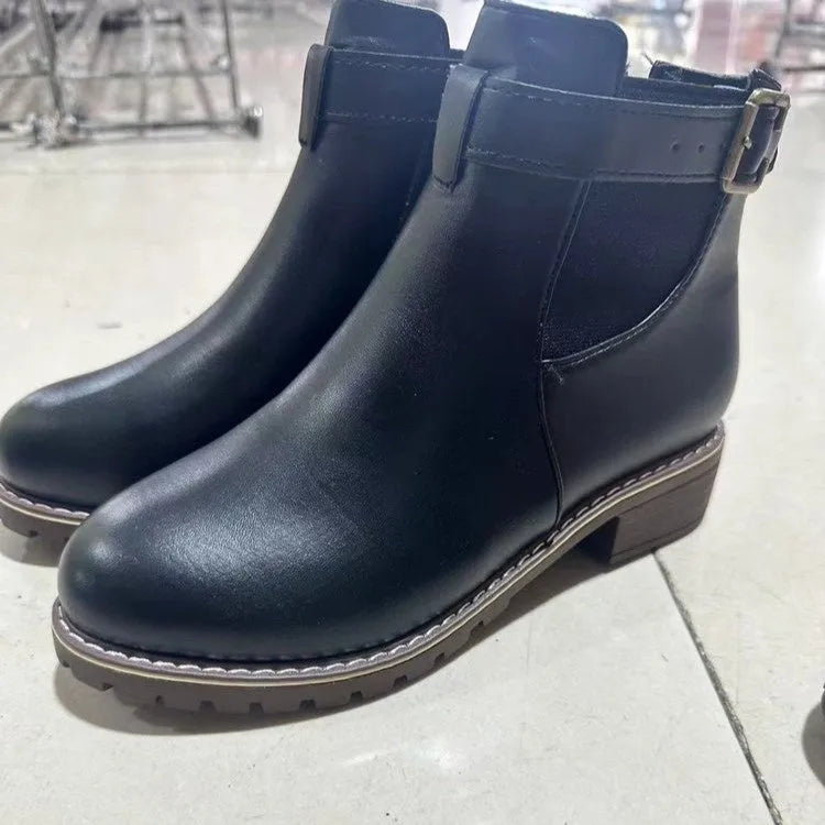 Women's black ankle boots with belt buckle decoration and non-slip rubber soles