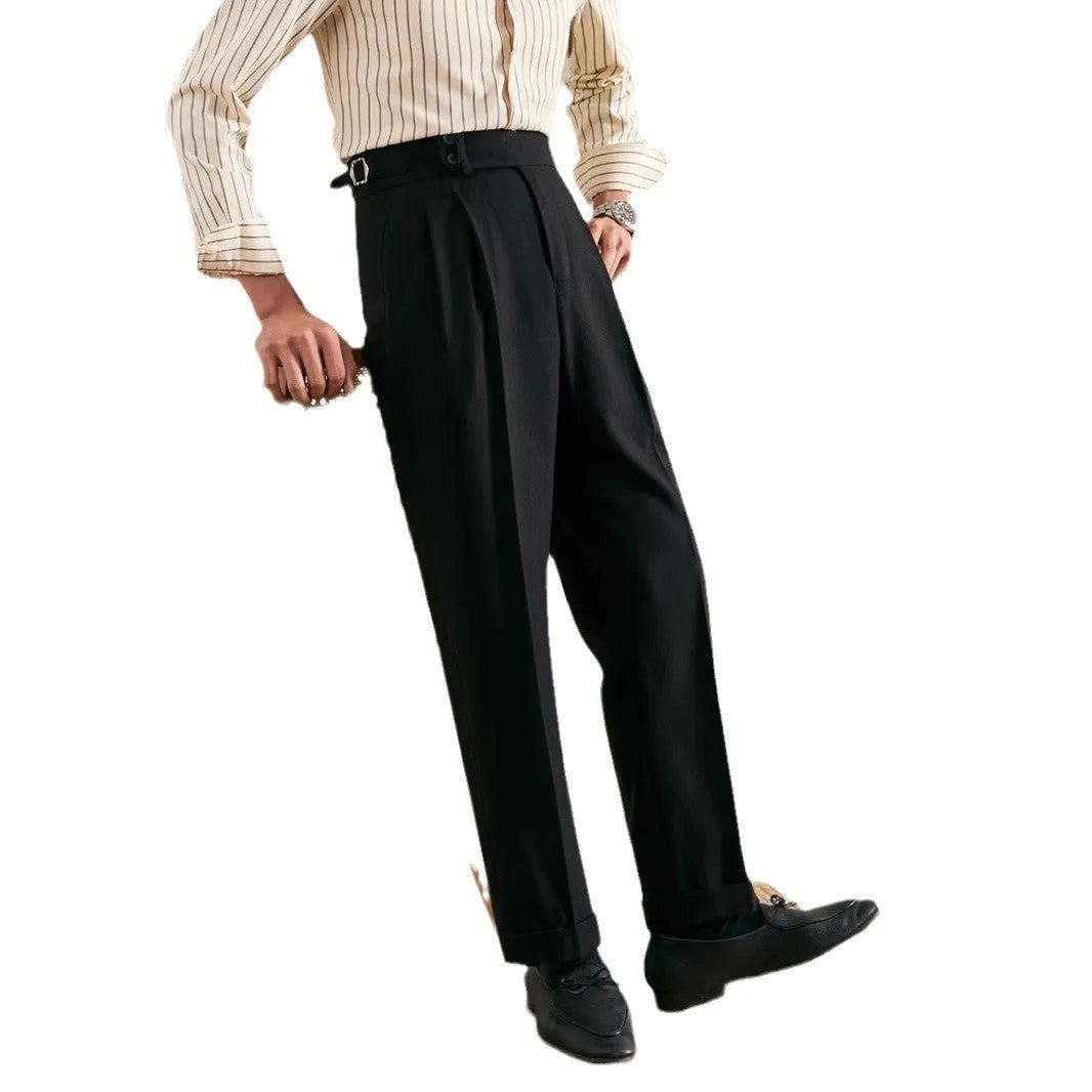 Paris buckle straight suit trousers in black polyester micro-elastic fabric with adjustable waist