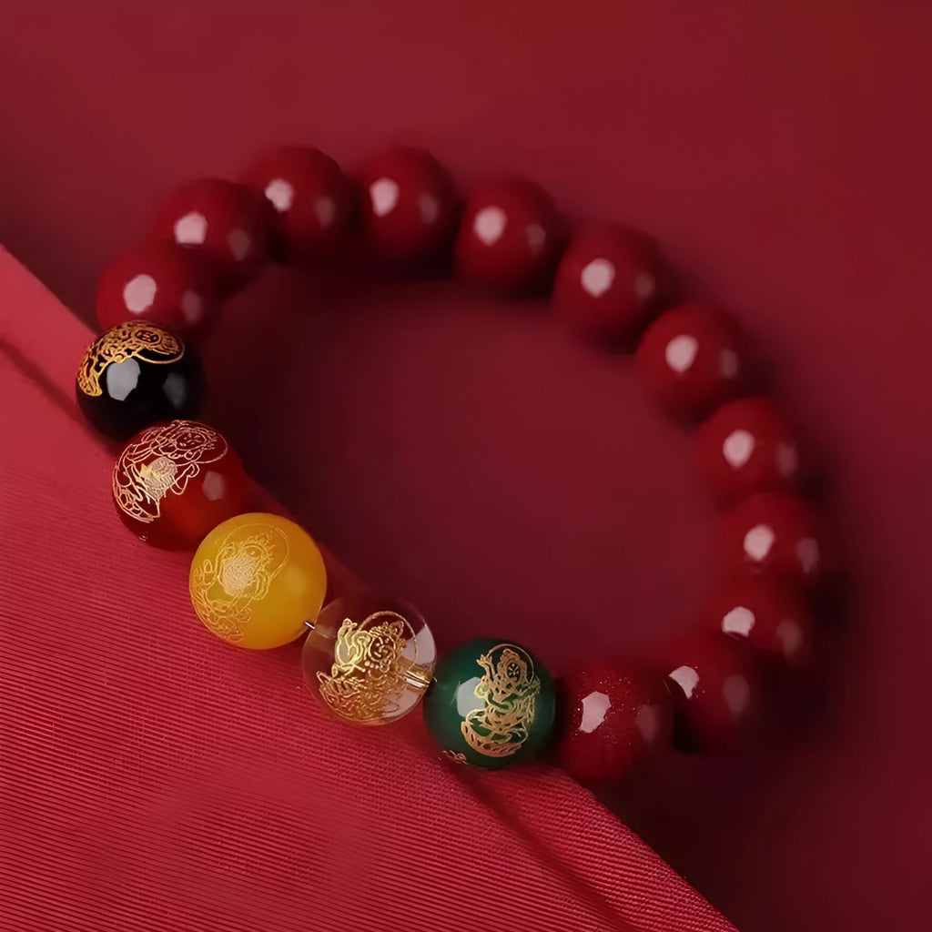 Cinnabar Five Gods Of Wealth bracelet with Pixiu animal charm in national style.