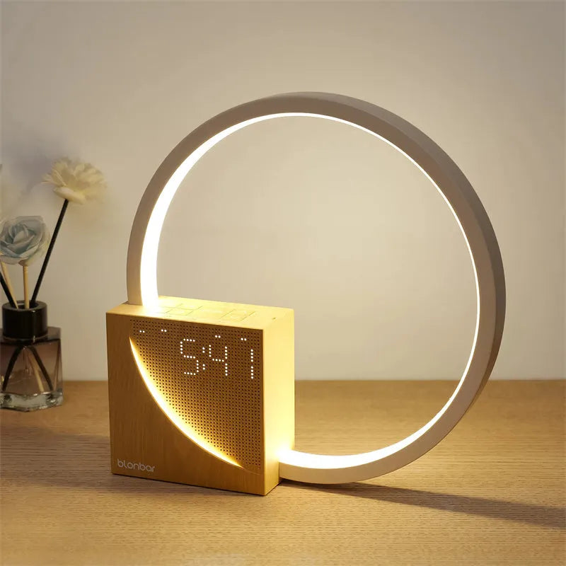 Navy blue touch bedside lamp with digital alarm clock display and natural sounds functions