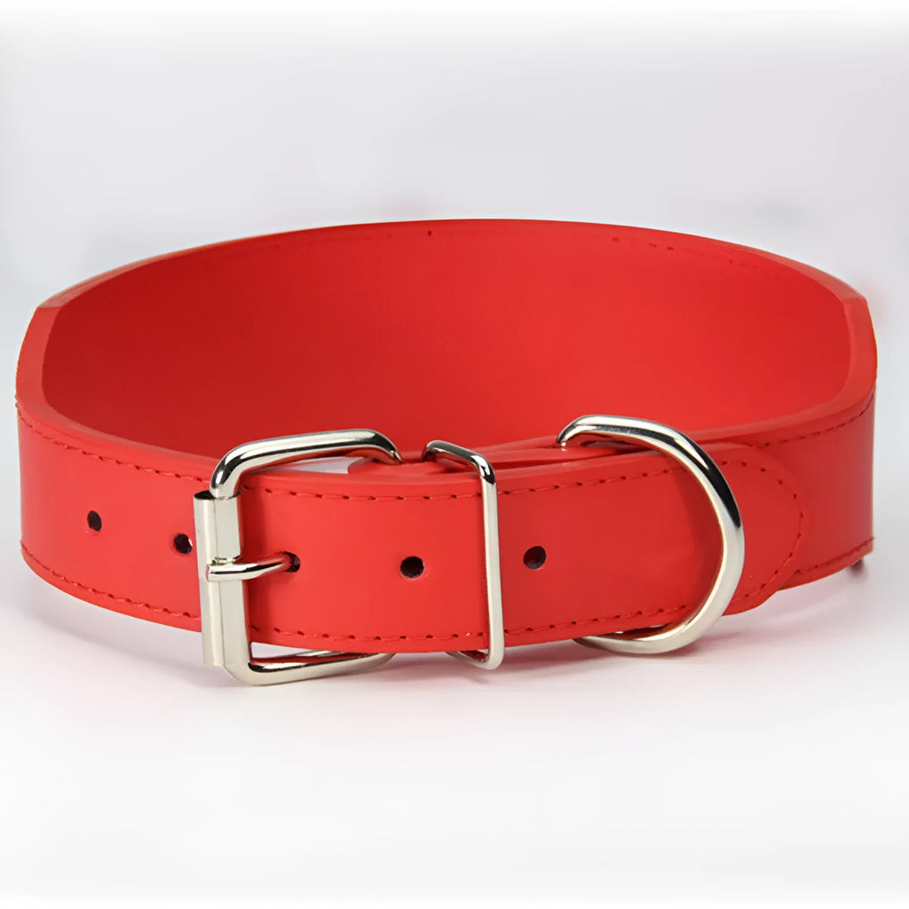 Fish-shaped leather dog collar in five colours with 5cm width and adjustable sizing