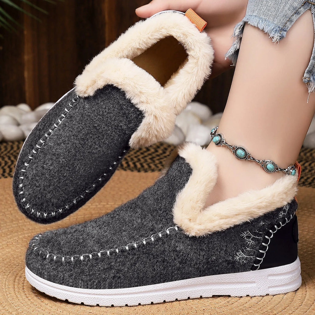 Cold-proof women's cotton boots, flat heel, round toe, available in black, blue, brown, grey, apricot, and rose red.