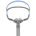 CPAP nasal pillow mask with silicone cushions and adjustable headband for sleep apnoea therapy