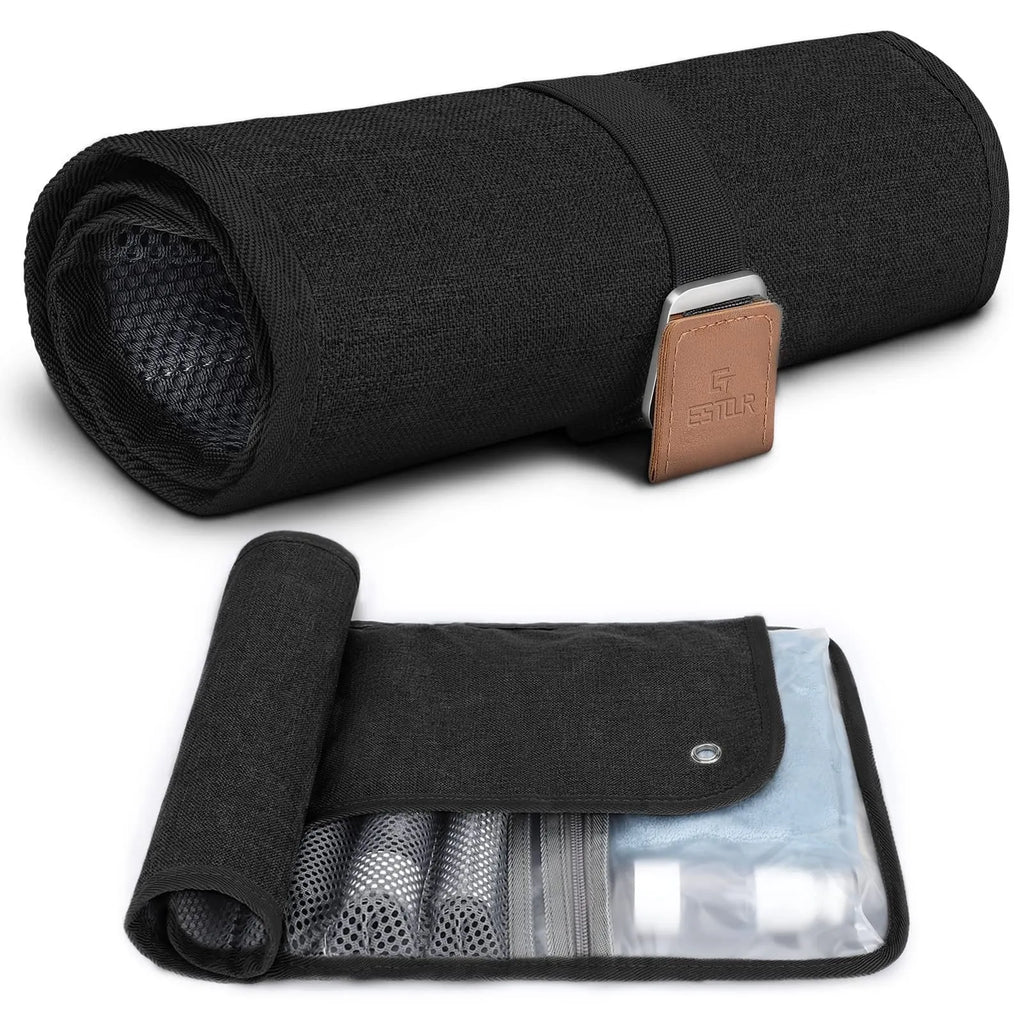 Men's portable PU travel wash bag in simple modern design, black and light brown colour options