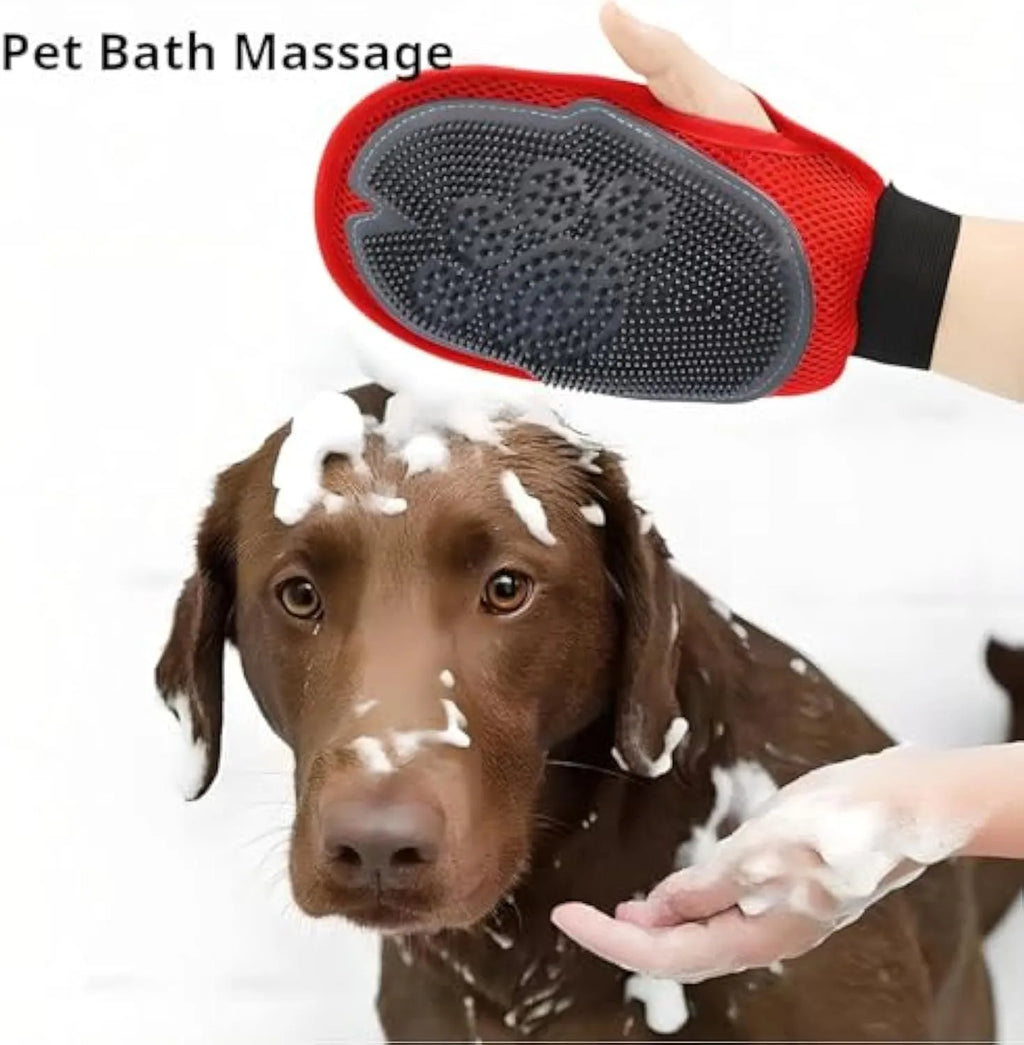 Red pet bathing glove grooming tool with integrated soft brush for washing dogs and cats.