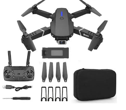 Grey foldable 4K dual camera aerial drone with remote control and carrying case