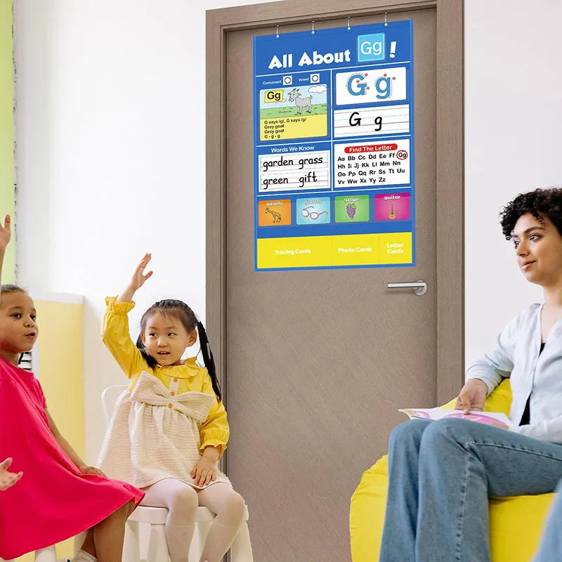 Alphabet learning chart for children with word cards, letter cards, and picture cards laid out.