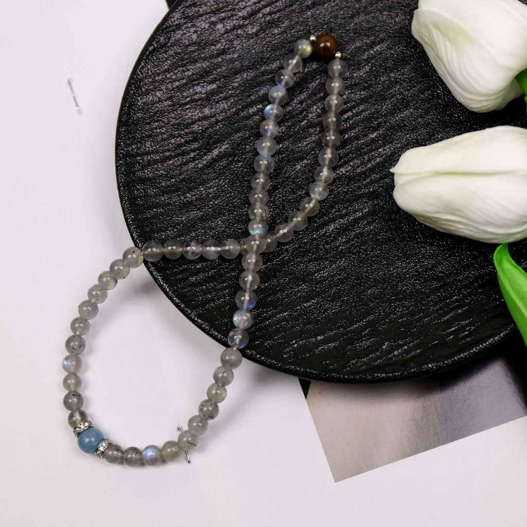 Gray moonlight double-layer bracelet with aquamarine moonstone tigereye pearl accents for women