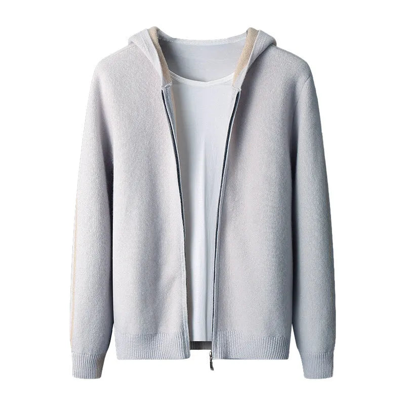Men's dark blue cashmere cardigan with half-high collar and front zipper, loose fit with long sleeves