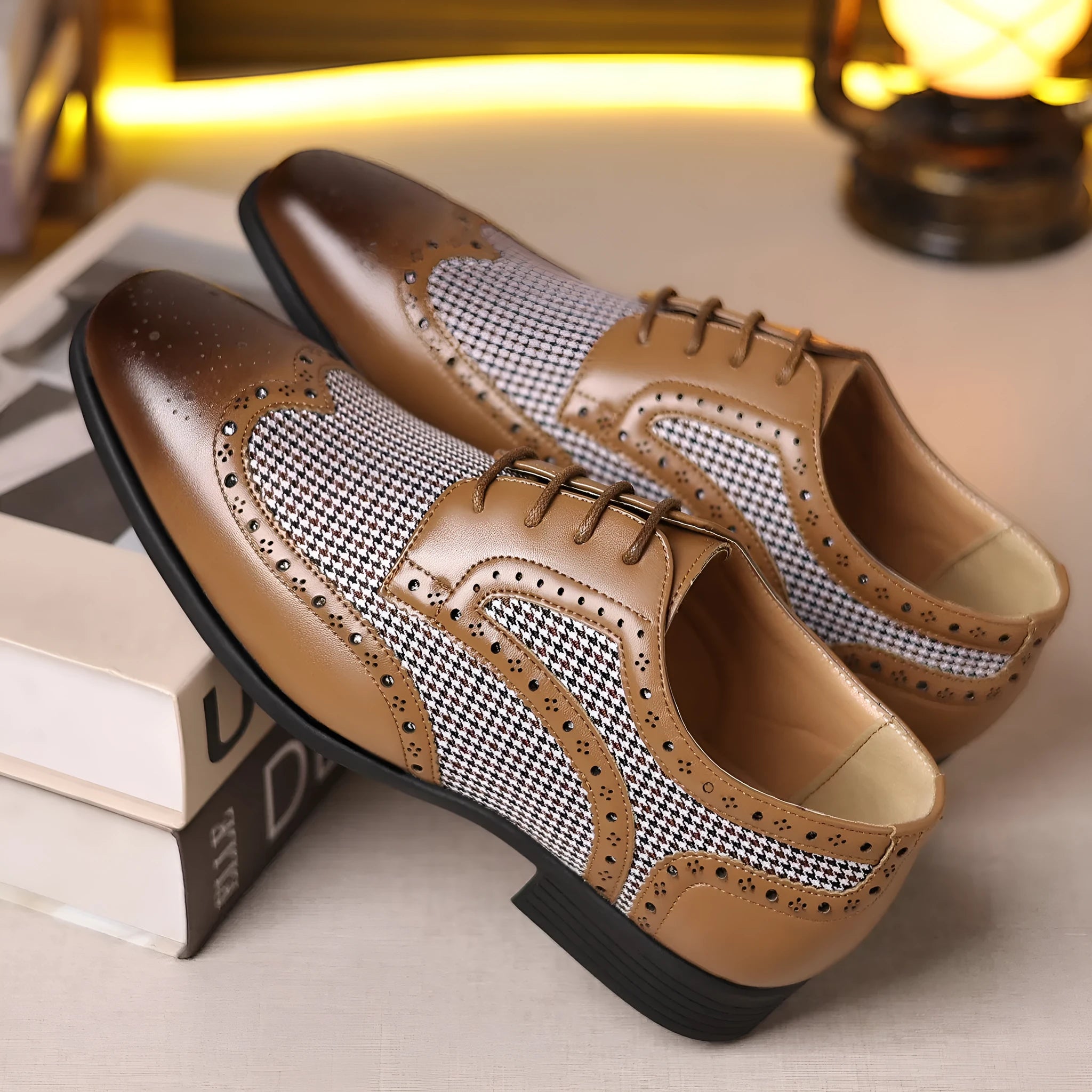 Men's houndstooth plaid casual shoes with canvas upper, rubber sole, and square toe in multiple colours